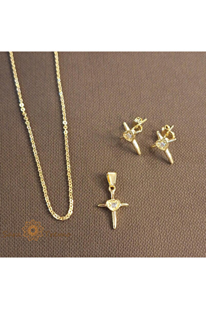SaraTremo Colier placat cu aur + cruce + set de cercei