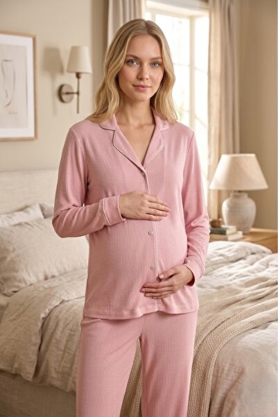 Lohusa Dünyasi Women's Powder Piping Front Buttoned Baby Collar Maternity Paj...