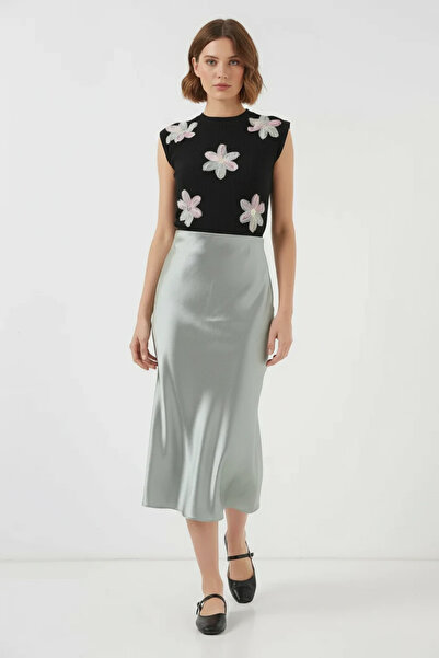 buğrahayalin Women's Round Neck Regular Floral Patterned Satin Green Skirt