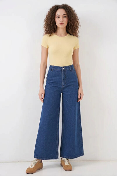 buğrahayalin Women's High Waist Cotton Wide Leg Blue Palazzo Trousers