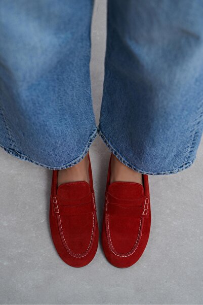 NİŞANTAŞI SHOES Jery Red Genuine Suede Leather Round Toe Flat Sole Women's Pe...