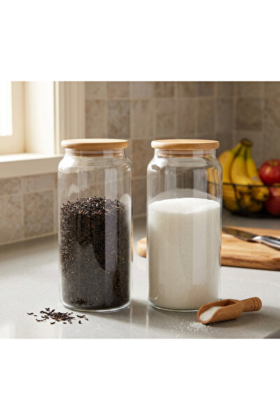 ÖZ HOME 2-Pack Vacuum Glass Storage/Organization Jars with Bamboo Lids 1400 ml