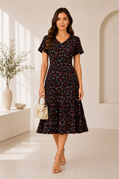 Bad Women's black floral midi dress made of 100% viscose with two ruffles at ...