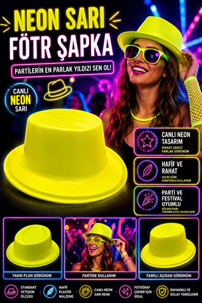 Tamsena Store Neon Sarı Plastik Fötr Şapka Neon Parti Şapkası Yetişkin Kostüm...