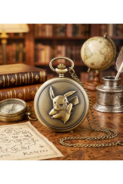 Wolawood Pikachu Kabartmalı Antik Bronz Köstekli Cep Saati Quartz Mekanizmalı...