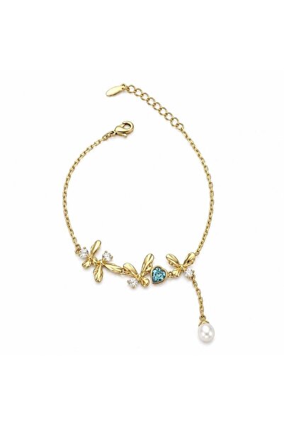 neslyaccessories İnci Damla Mavi Taşlı Kelebek 14 Ayar Altın Kaplama Bileklik