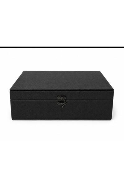 Premium Siyah Deri Saat Kutusu, takı kutusu 6 Bölmeli Lüks Organizer