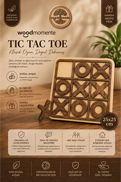 woodmomente Ahşap Tic Tac Toe Zeka ve Strateji Oyunu 25x25 cm