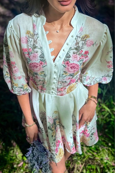 ROYAL'S AURA Floral Desenli Düğme Detaylı Karpuz Kol Mini Elbise