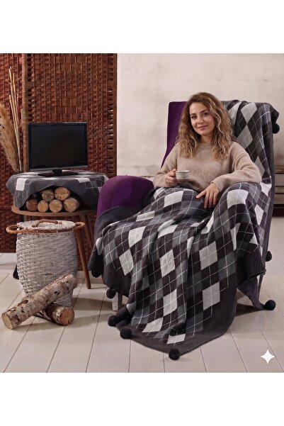 DOUX HOME Baklava 10 Pompom Knitted Knitwear Braided Tv Blanket 130 X 170 cm