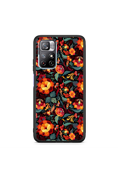 Other Xiaomi Poco M4 Pro 5G Orange flowers Black Glossy Θήκη