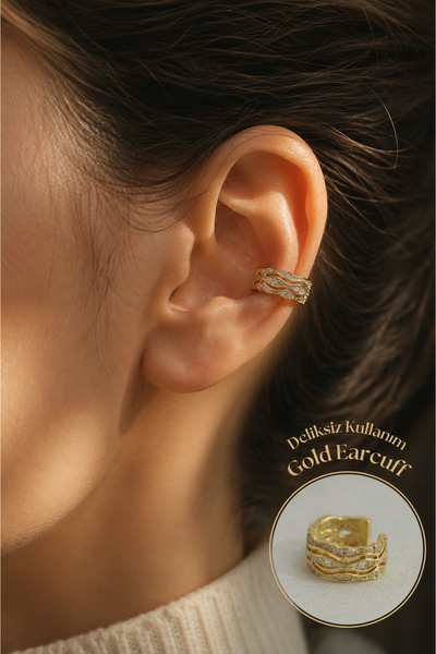 Sacce Scarves&Accessories Zirkon Taşlı Gold Earcuff Deliksiz Kıkırdak Küpesi
