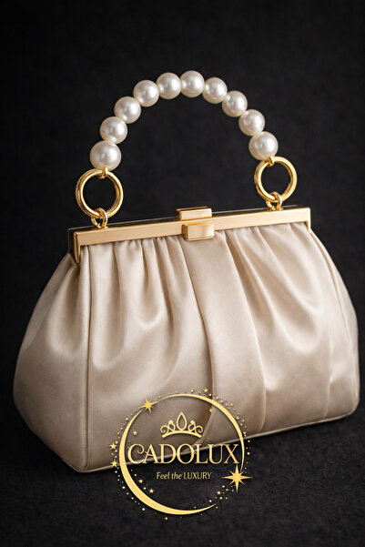 CADOLUX Handle clutch of large faux IVORY pearls and 2 round GOLD carabiners ...