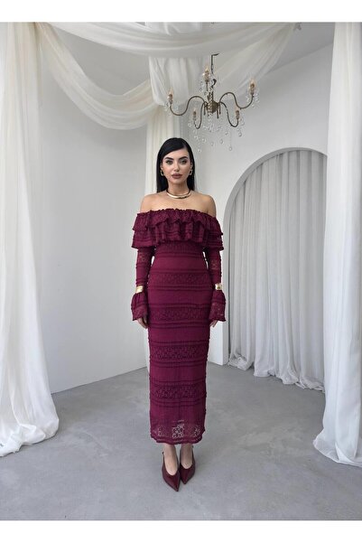 Caddebostan Moda Strapless Neckline Ruffle Lace Detailed Long Sleeve Midi Dress
