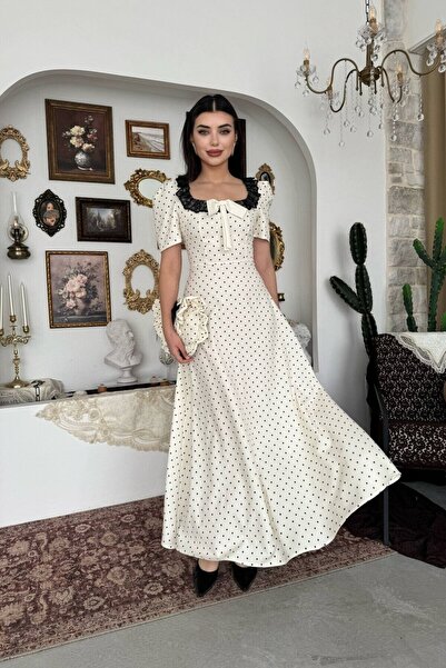 Caddebostan Moda Polka Dot Patterned Midi Dress with Lace Collar and Bow Detail
