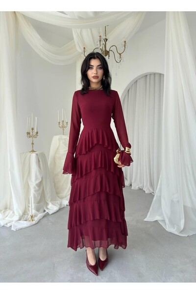 Caddebostan Moda Kadın Fırfırlı Uzun Kollu Şifon Midi Elbise Şık Davet Elbisesi