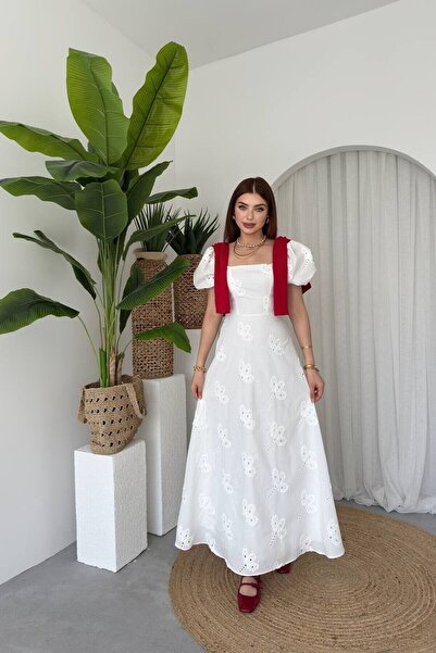 Caddebostan Moda Square Neck Embroidered Balloon Sleeve Midi Dress Stylish Su...