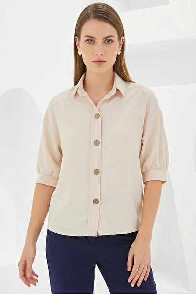 Efnaz style Women's Short Sleeve Oversize Linen Cream Shirt