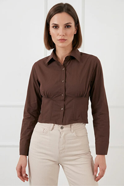 Generic Brand Women's Slim Fit Cotton Brown Shirt with Gathered Waist