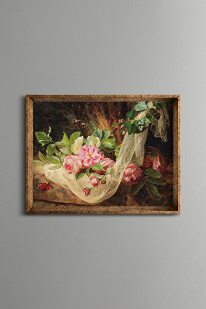 epiqart تركيبة قماش الورد البري والتول - إطار بنمط عتيق - موديل رفيع