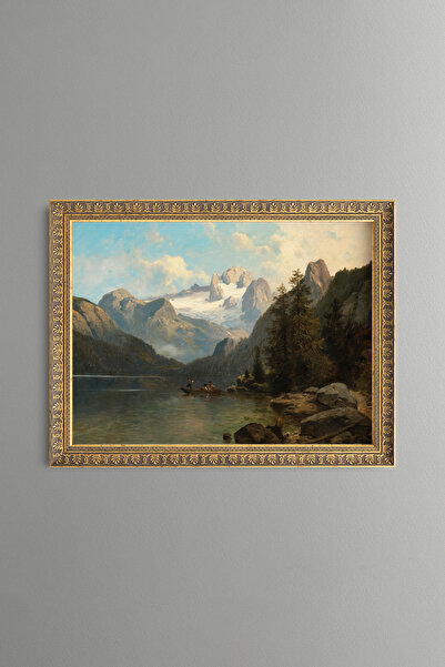 epiqart Snowy Mountain and Lake View - Vintage Patterned Frame - Slim Model