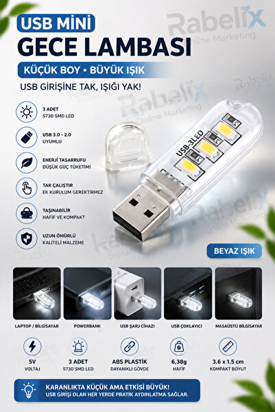 Rabelix Online Marketing Tak Çalıştır USB Mini Gece Lambası 3 LED Beyaz Işık ...