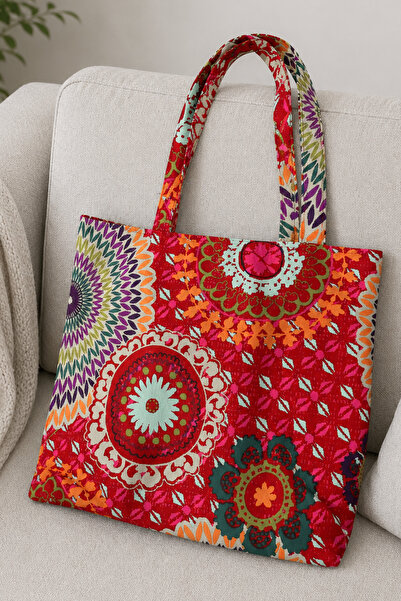 Elegancembroidery Bohem Mandala Desenli Kırmızı Bez Çanta – Renkli Kadın Omuz...
