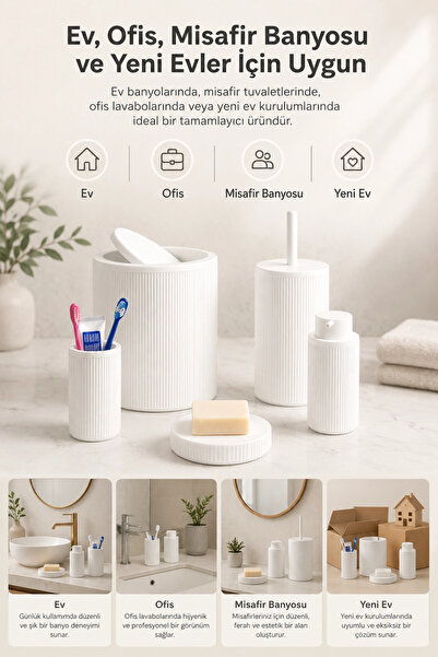 Eco Lounge Beyaz Banyo Düzenleyici Set 5 Parça Çöp Kovası Tuvalet Fırçası Sabunluk Fırçalık