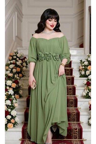 vela Green Chiffon Off-Shoulder Dress with Raised Bodice