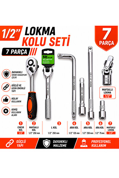 Nt Tools Lokma Kolu Seti 1/2 7 Parça Cırcır Kol T Kol L Kol Mafsallı Kol Uzat...