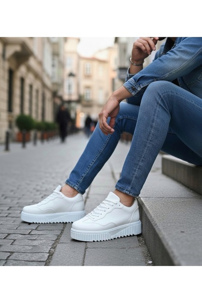MirgeShoes Beyaz Erkek Günlük Comfort Ayakkabı Tırtıklı Yüksek Kalın BYZ Taba...