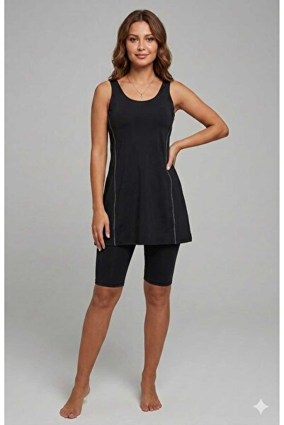 SUERTO Black Women's Lycra Swimsuit with Tights and Dress, Chest Pad Sewn on ...