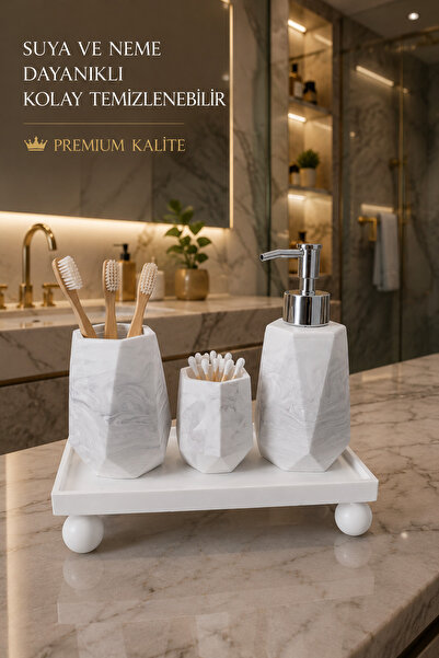 lufen deco Mermer Desenli Banyo Tezgah Üstü Düzenleyici 3 Parça Aksesuar Seti...