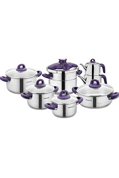 KORKMAZ A1708 Hera Lavanta 14 Piece Hyper Set Steel Cookware Set