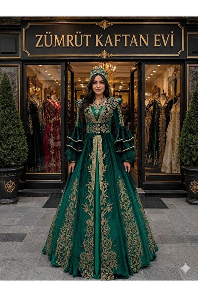 ZK ZÜMRÜT KAFTAN Yeşil Gelin Kaftanı İçi Yeşil Şifon Elbiseli