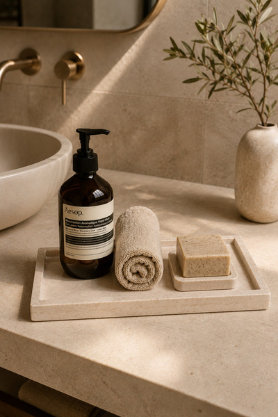 Marbello Bej Doğal Mermer Tepsi 17x32 cm Dekoratif Sunum Tepsisi Banyo Organi...