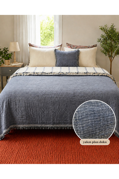 TECHTACT Çift Kişilik %100 Pamuk Müslin Yatak Örtüsü ve Pike 240x260 cm Saçak...