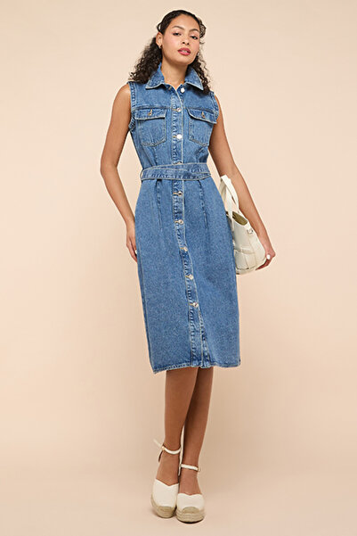 R&B Washed Denim Sleeveless Shirt Dress