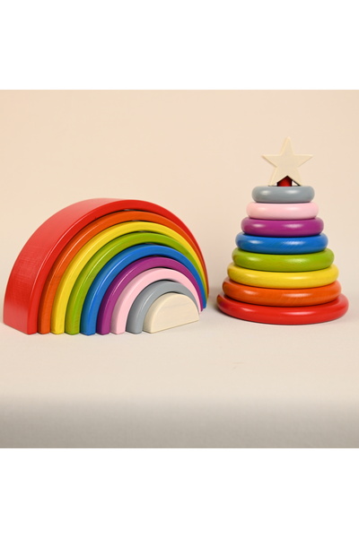 Zyt Tasarım Educational Wooden Toy Montessori Ring Tower Rainbow Set 9 Colors