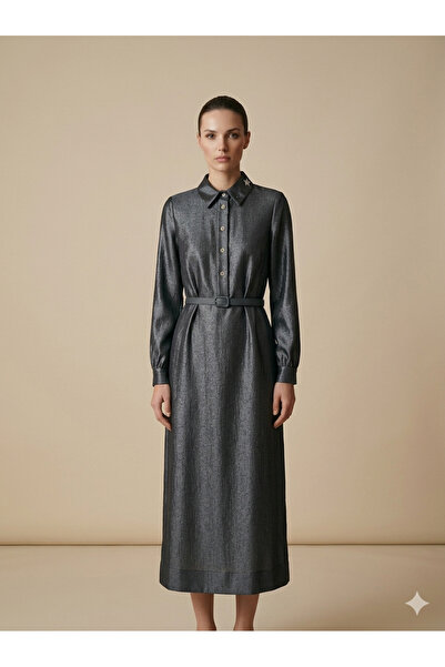 Mimya Luxury Metallic Classic Collar Formal Black Midi Dress with Belt