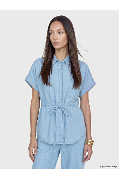 LC Waikiki Indigo Lace-Up Linen Blend Women's Jean Shirt