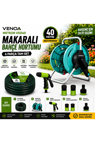 Venoa Meteor VDZ40 Kırılmaz Örgülü 40 Metre Makaralı Bahçe Su Hortumu 6 Parça...