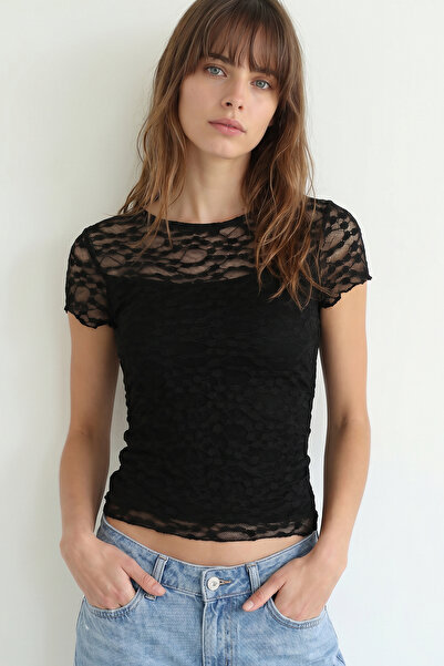 Lovelyİstanbul Bluză din dantelă cu mânecă scurtă LUB0349 NEGRU