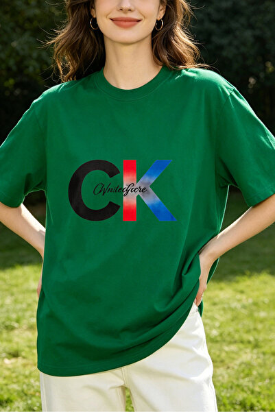 Fleck Womens T Shirts CK Whitecore Logo Oversized Casual Style Green Color Su...
