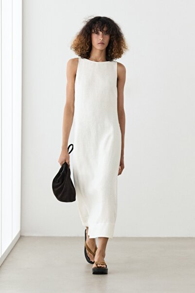 Massimo Dutti %100 keten halter yaka elbise
