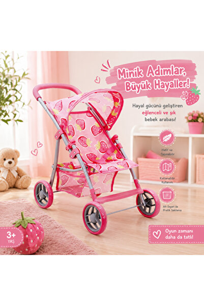 Cici Oyuncak Çocuk Oyuncak Bebek Arabası Puset 4 Tekerlekli Çilek Desenli Kat...