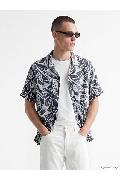 LC Waikiki Blue Regular Fit Resort Collar Patterned Men's Shirt