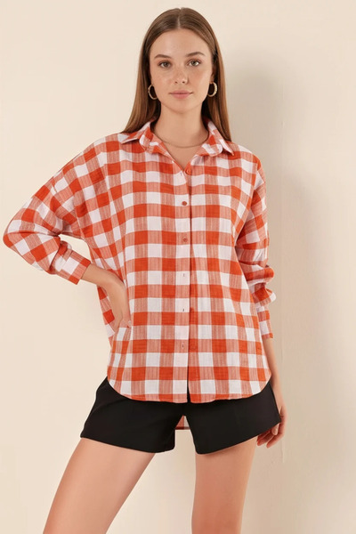 Generic Brand Women's Checkered Pattern Basic Oversize Cotton Tan Shirt