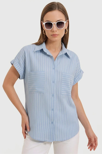 Şeker Portakalım Women's Oversize Short Sleeve Striped Viscose Blue Shirt