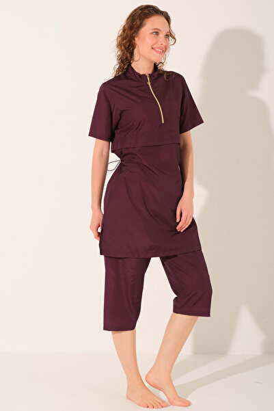 ALFASA Goldi Crop Look Half Sleeve Semi-Closed Hijab Swimsuit Dark Plum 26724-26